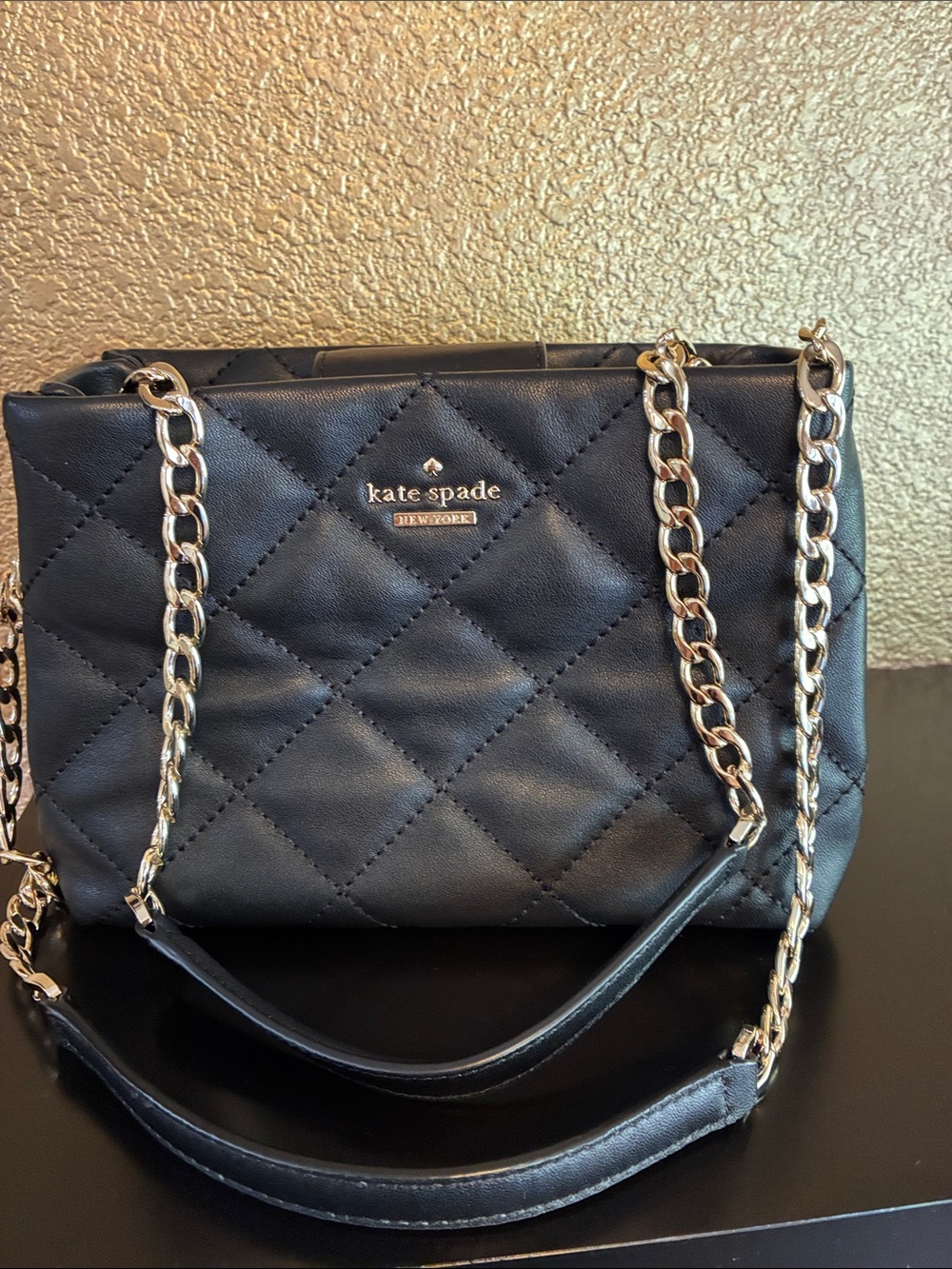 KATE SPADE ♠️ Black Quilted Leather Shoulder Bag with Gold Chain